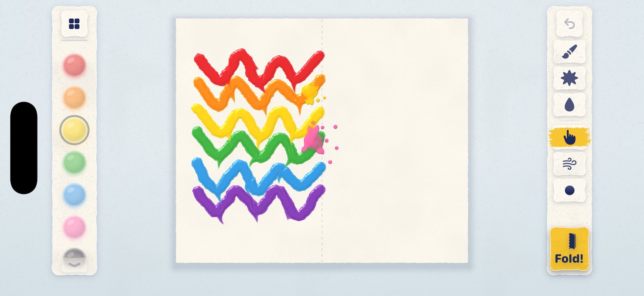Fold & Squish on iPhone: rainbow paint being smudged with a finger.