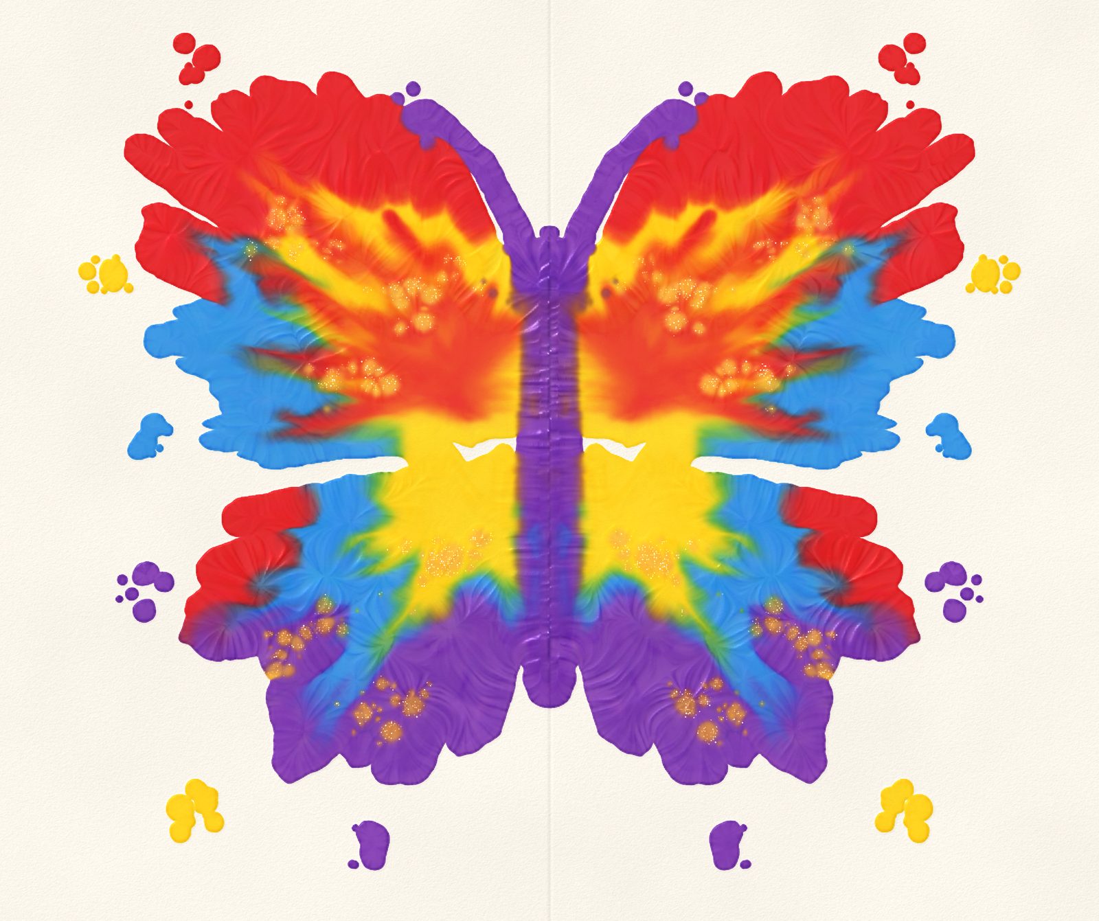 A rainbow butterfly print made in Fold & Squish by folding wet paint between the halves of a page.